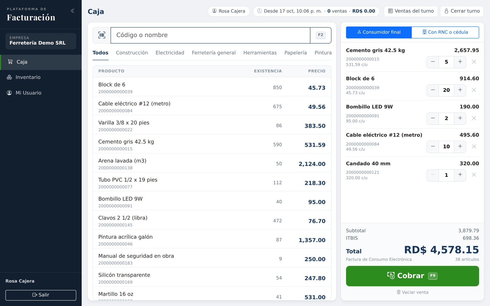Caja: productos con existencia y precio, venta en curso y total con ITBIS